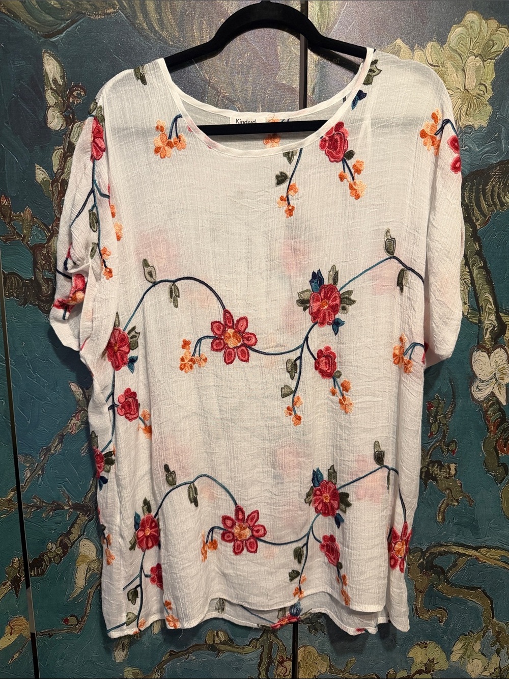 Kindred Bravely White Tunic with Pink & Orange Floral Embroidery